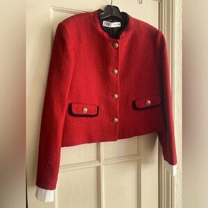 Zara XL Chanel red boucle jacket with white trim sleeves NEW NWT